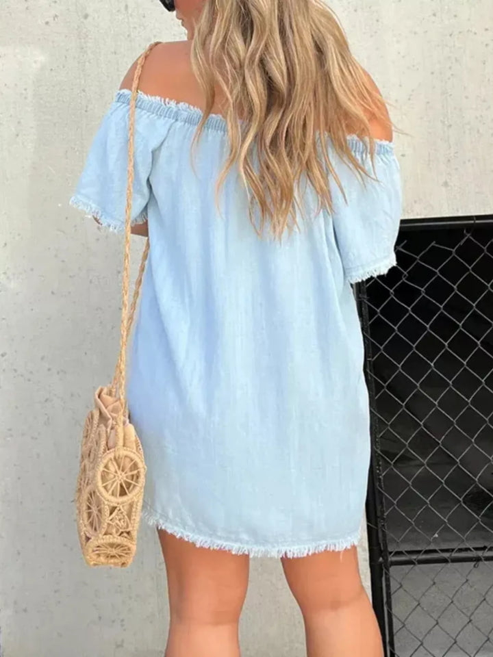 Frayed off-shoulder button-down denim mini dress