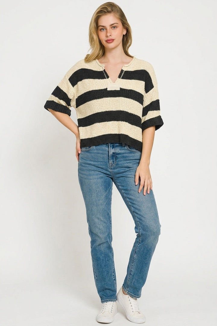 Wide-stripe split-neck ribbed knit sweater with short sleeves