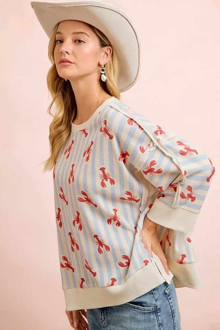 Striped lobster print waffle knit boat neck top