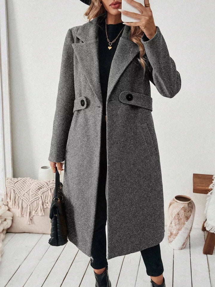 Notch lapel open-front longline coat with side pockets
