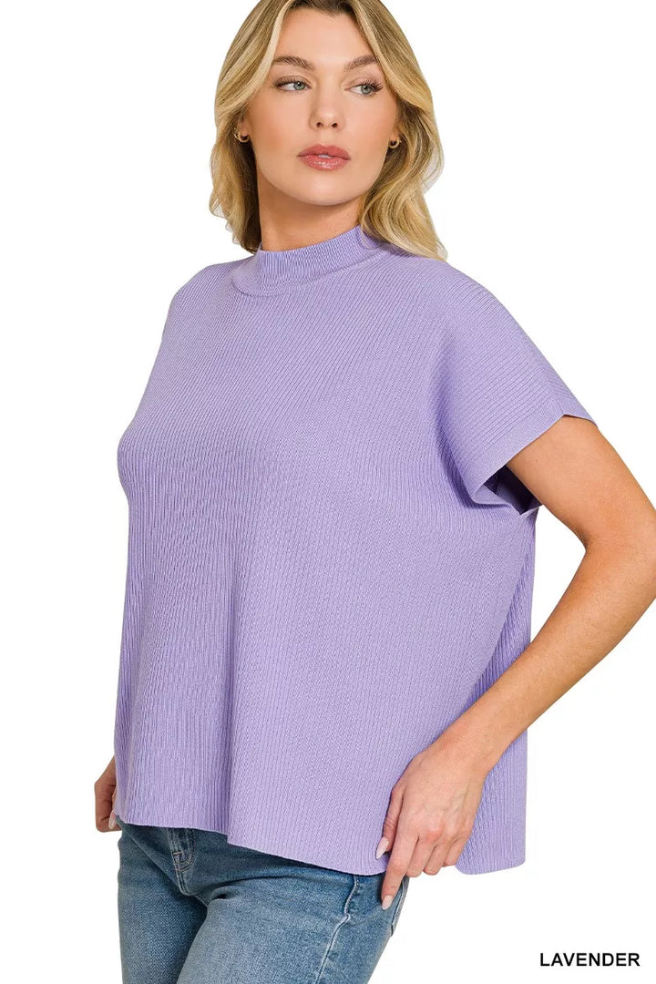 Ribbed knit mock neck short sleeve boxy sweater