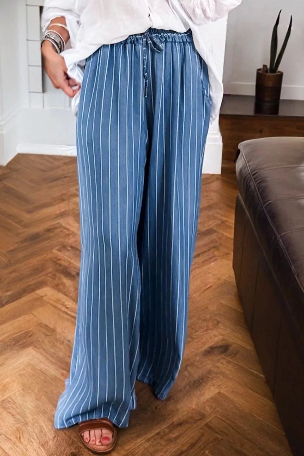 Medium Striped chambray wide-leg pants with drawstring waist