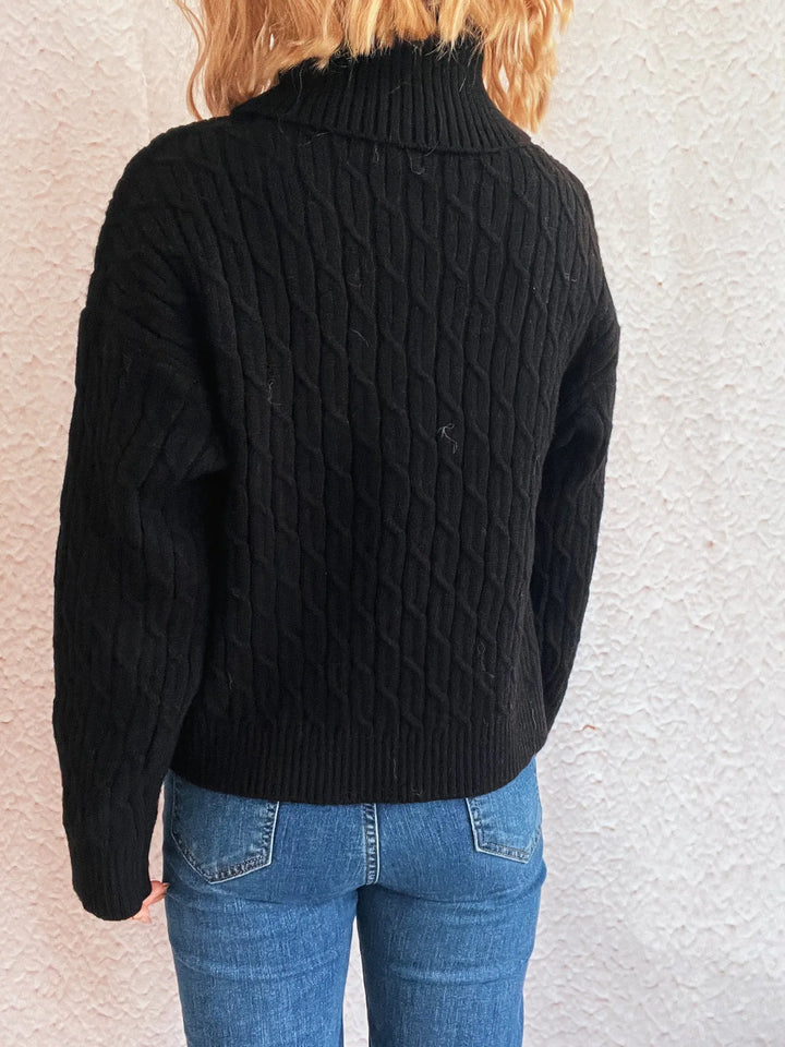 Pumpkin applique cable knit turtleneck sweater