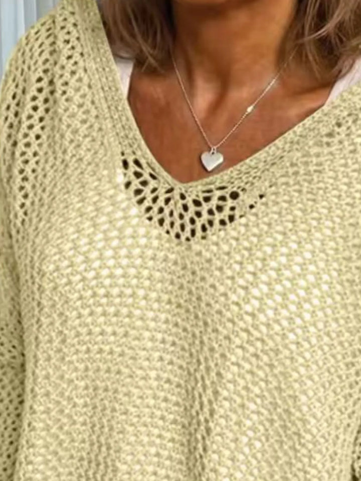 Openwork knit hooded pullover cover-up with V-neck