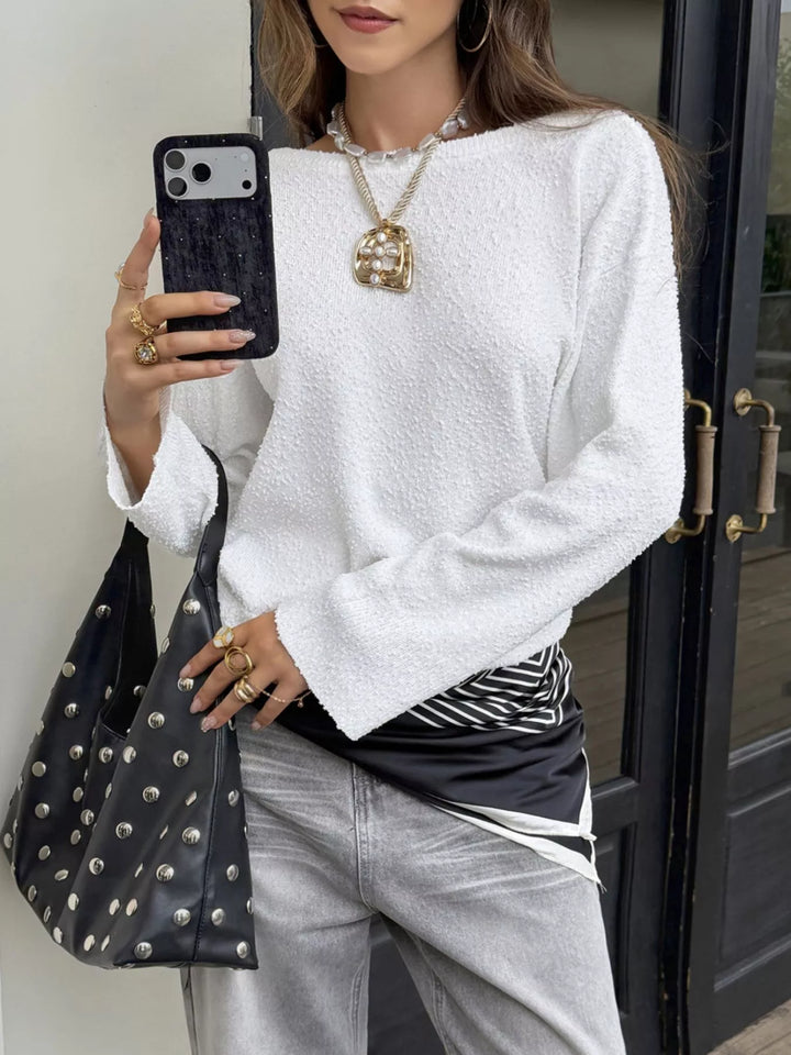Textured boat neck dropped shoulder knit sweater