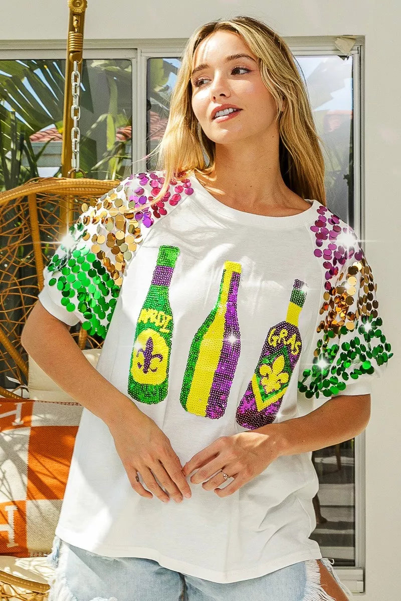 Sequin Mardi Gras bottles graphic tee with paillette sleeves