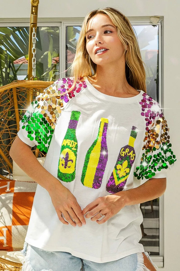 Sequin Mardi Gras bottles graphic tee with paillette sleeves
