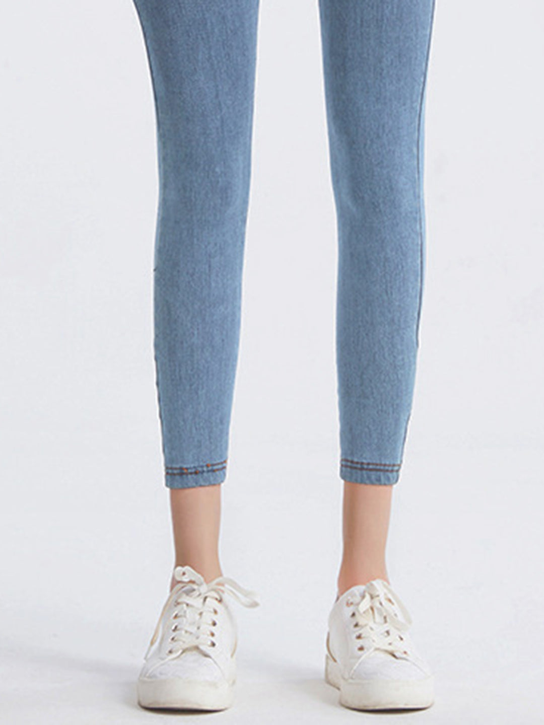 High-waist denim-look sports leggings with faux pockets