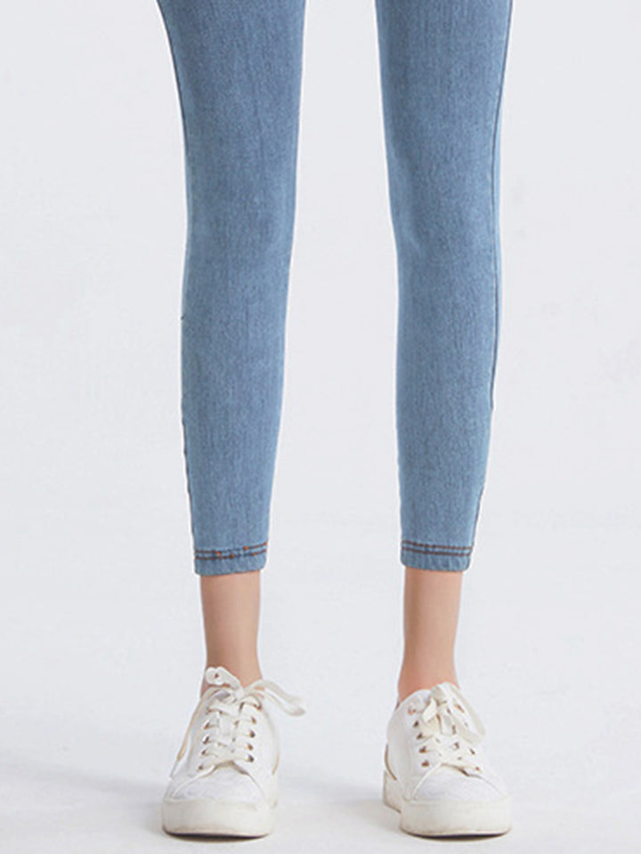High-waist denim-look sports leggings with faux pockets