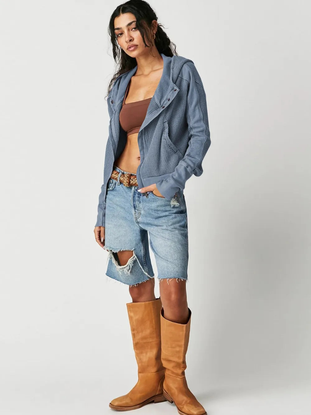 Waffle-knit zip-up hooded jacket with dropped shoulders
