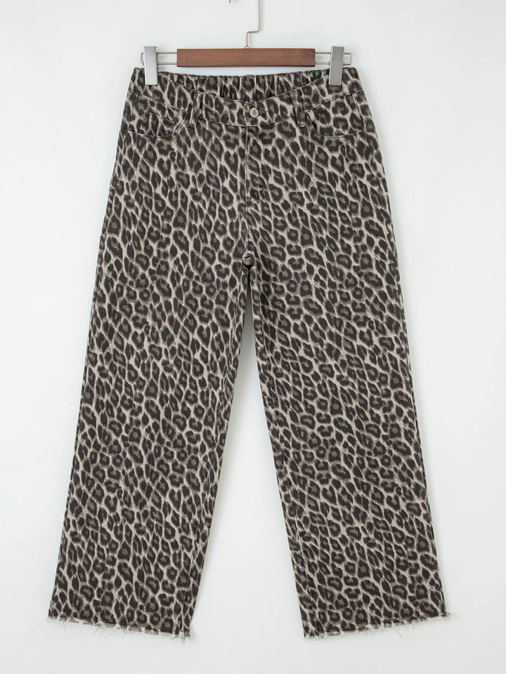 Leopard print straight loose-leg jeans with cuffed hem