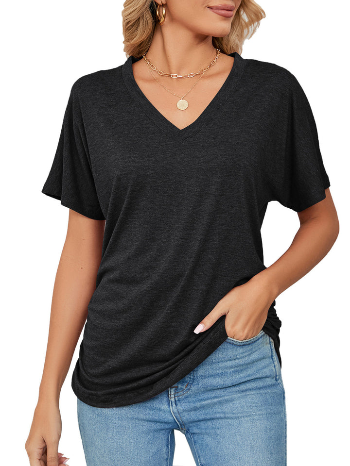 Black Relaxed V-neck short sleeve tee with drop shoulders