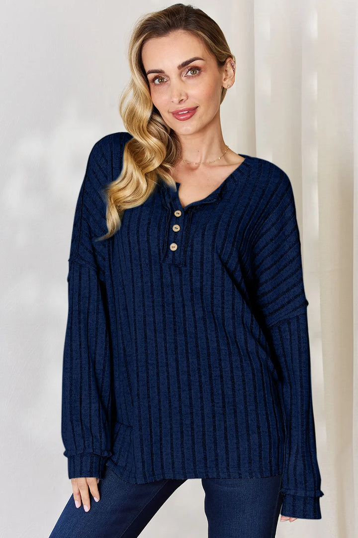 Dark Blue Ribbed knit half-button henley long sleeve top