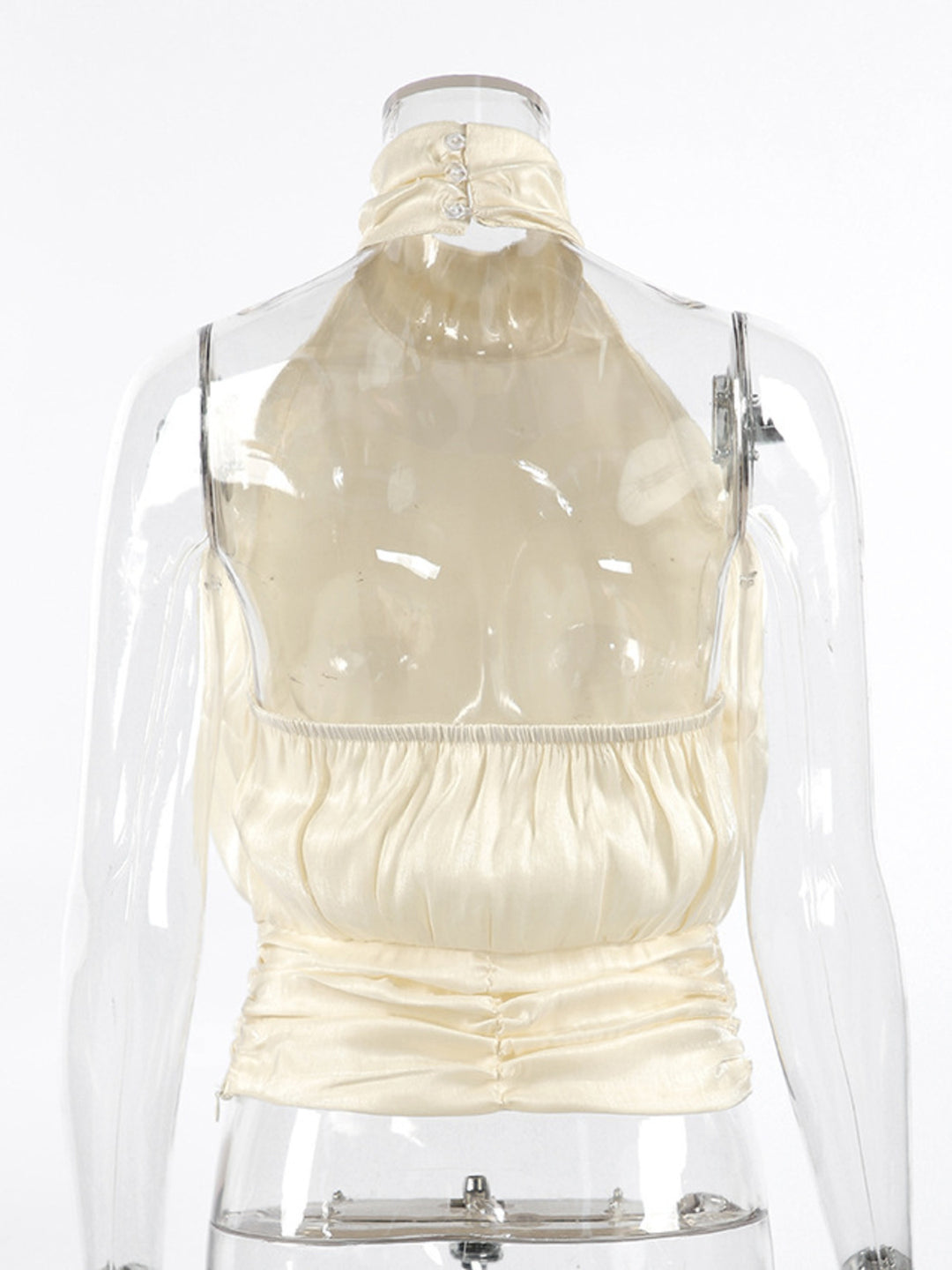 Ruched satin halter top with mock neck and gathered waist