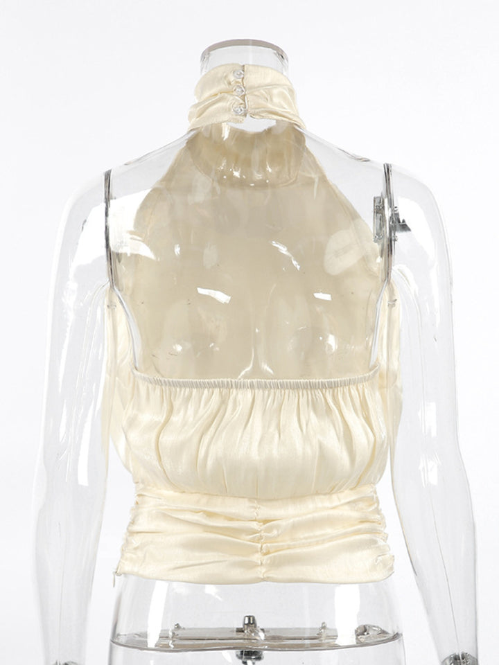 Ruched satin halter top with mock neck and gathered waist