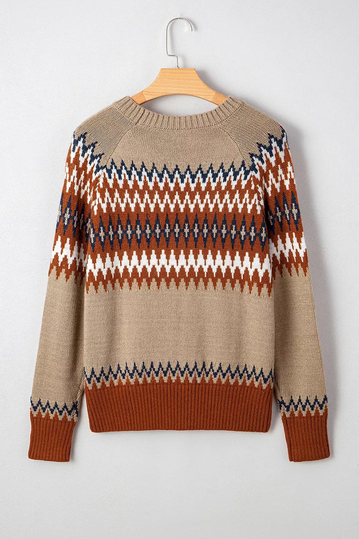 Geometric zigzag knit crew neck pullover sweater