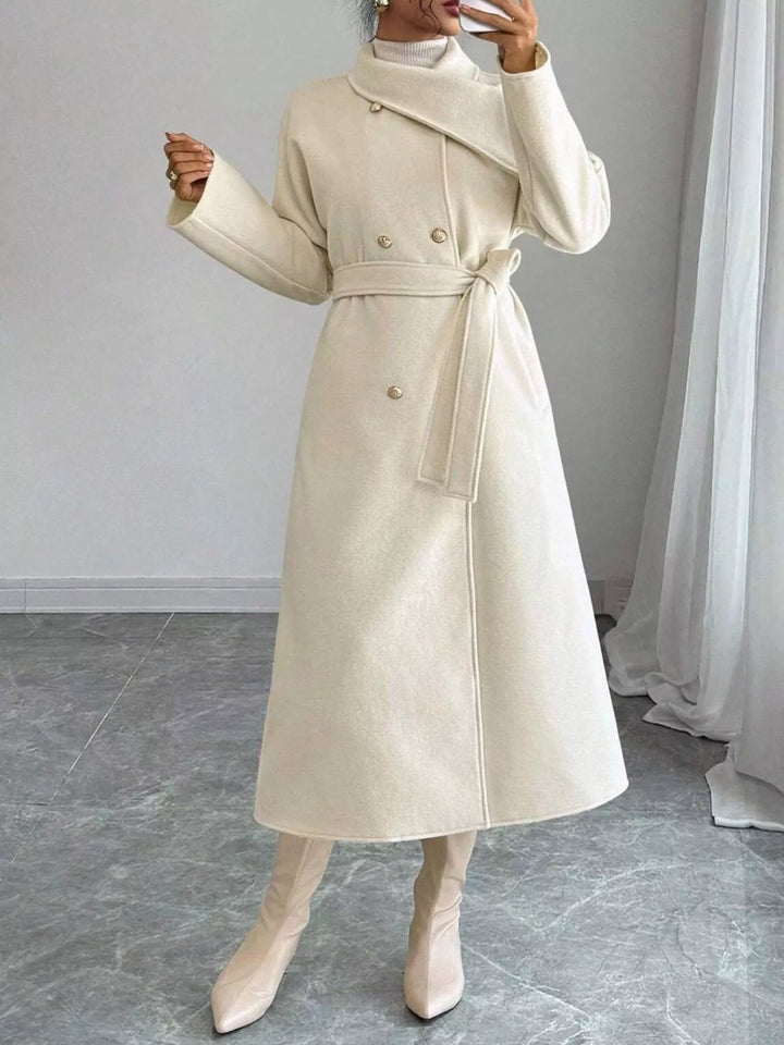 Double-breasted belted longline coat with stand collar