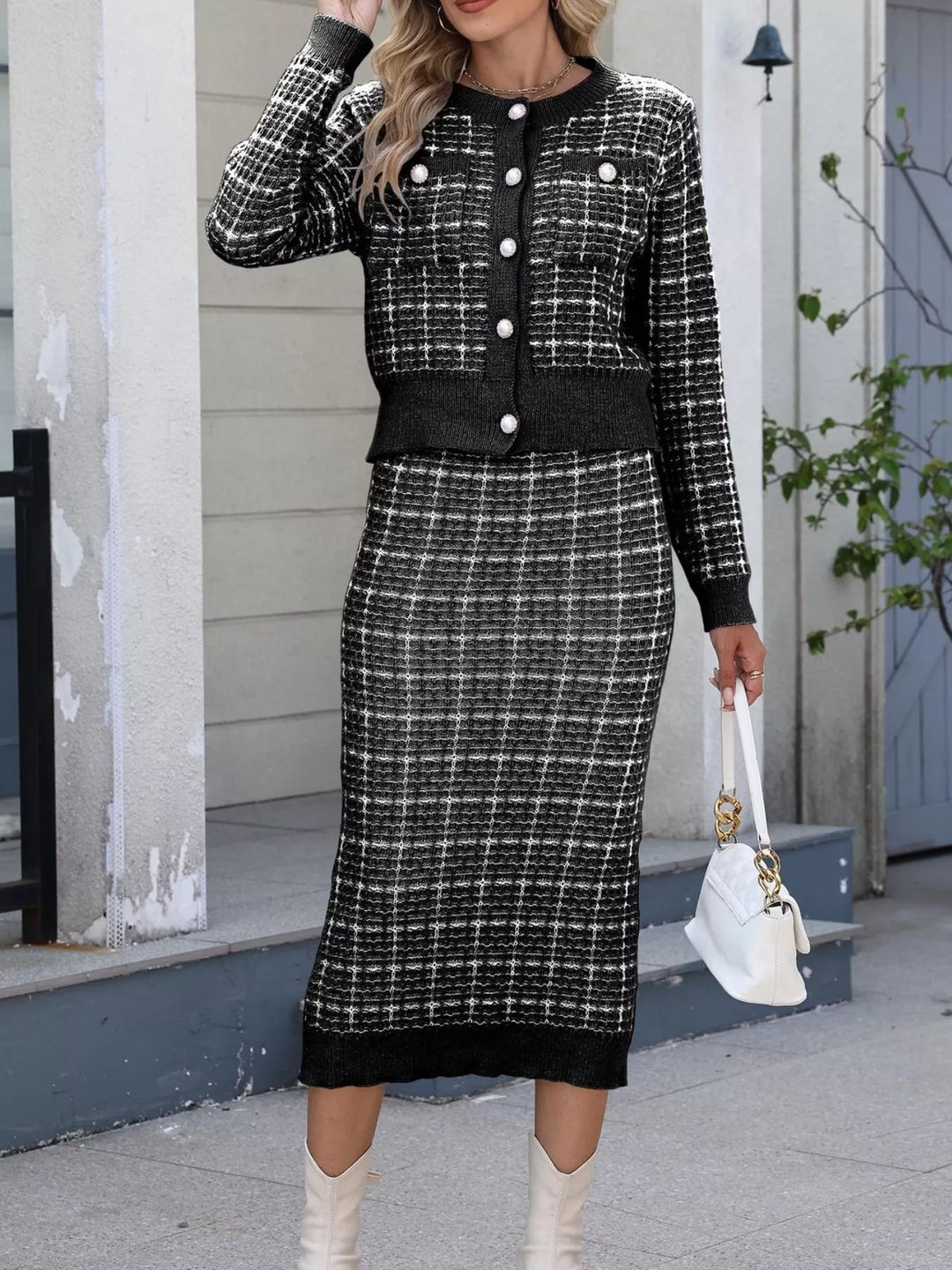 Pearl button plaid knit cardigan and midi skirt set