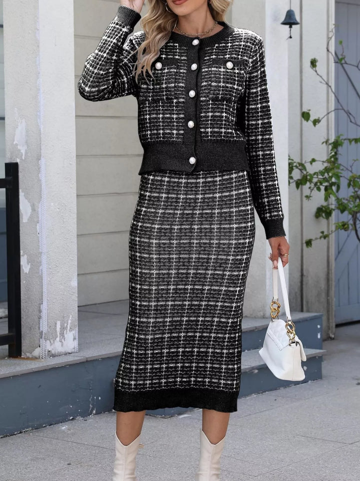 Pearl button plaid knit cardigan and midi skirt set