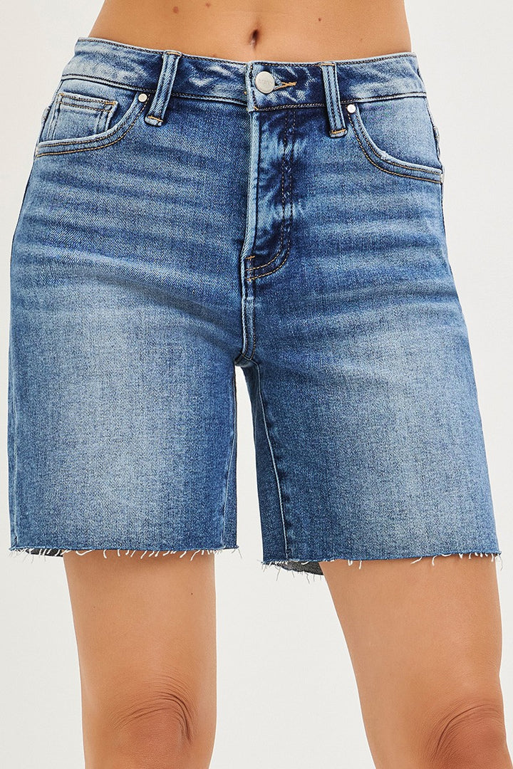 High-rise raw hem denim shorts with tummy control