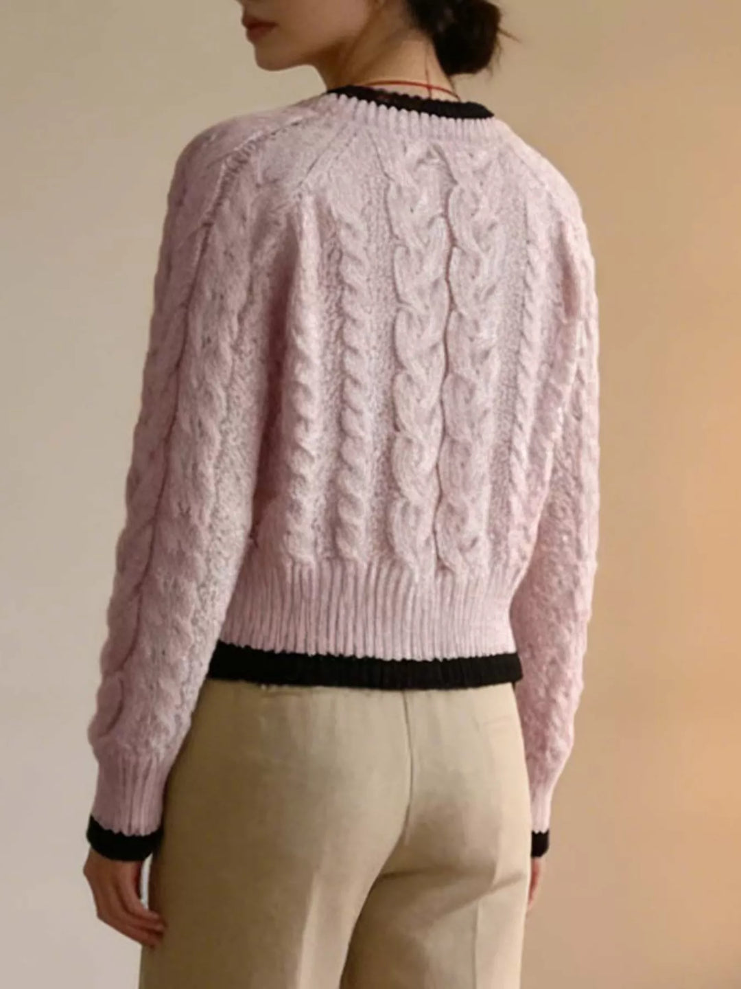 Cable knit button-up cardigan with contrast trim
