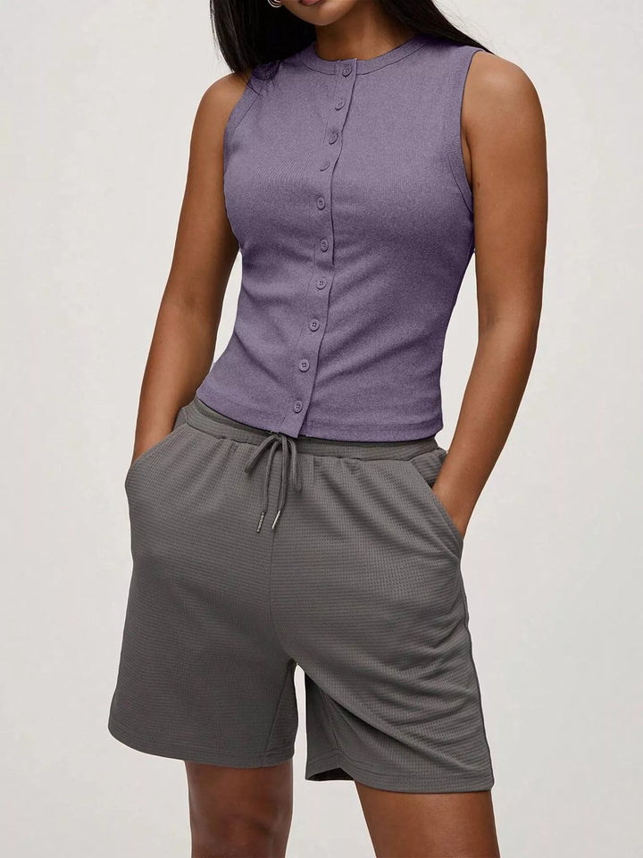 Dark Purple Ribbed mock-neck button-front sleeveless tank