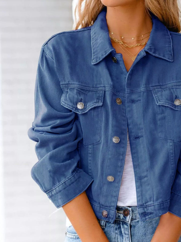 Cropped button-up denim jacket with chest pockets