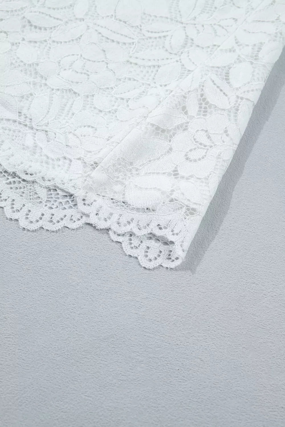 Sheer floral lace blouse with ruffle mock neck and flounce sleeves