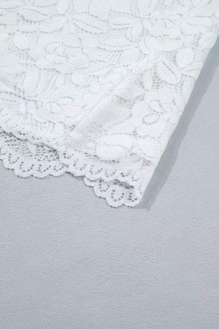 Sheer floral lace blouse with ruffle mock neck and flounce sleeves