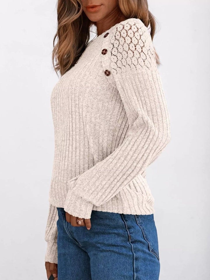 Ribbed knit long sleeve top with lace shoulder detail