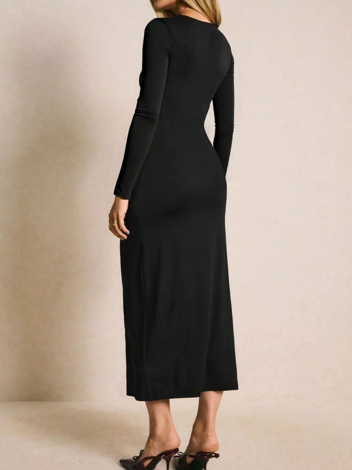Ruched long-sleeve maxi dress with high front slit