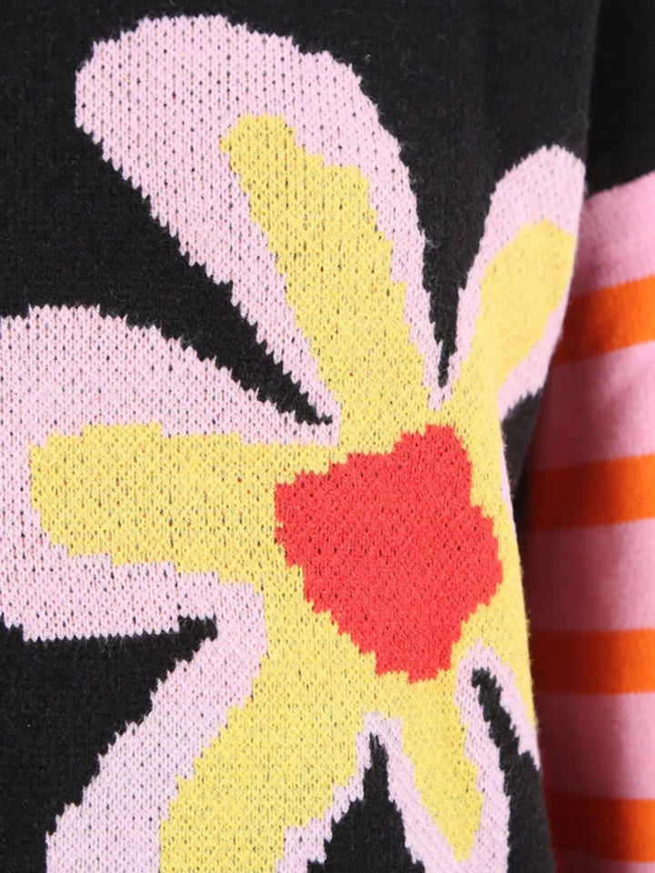 Mod floral crew neck sweater with striped sleeves