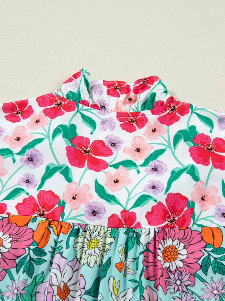 Floral flutter sleeve split-neck button-front blouse