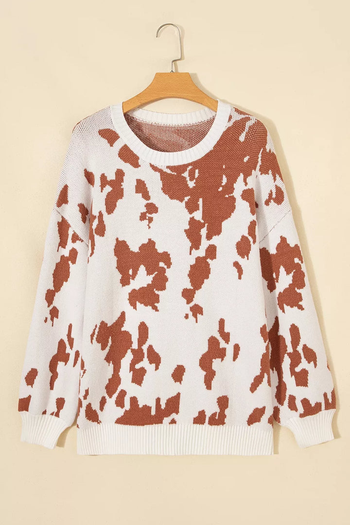 Cow print drop shoulder crewneck sweater