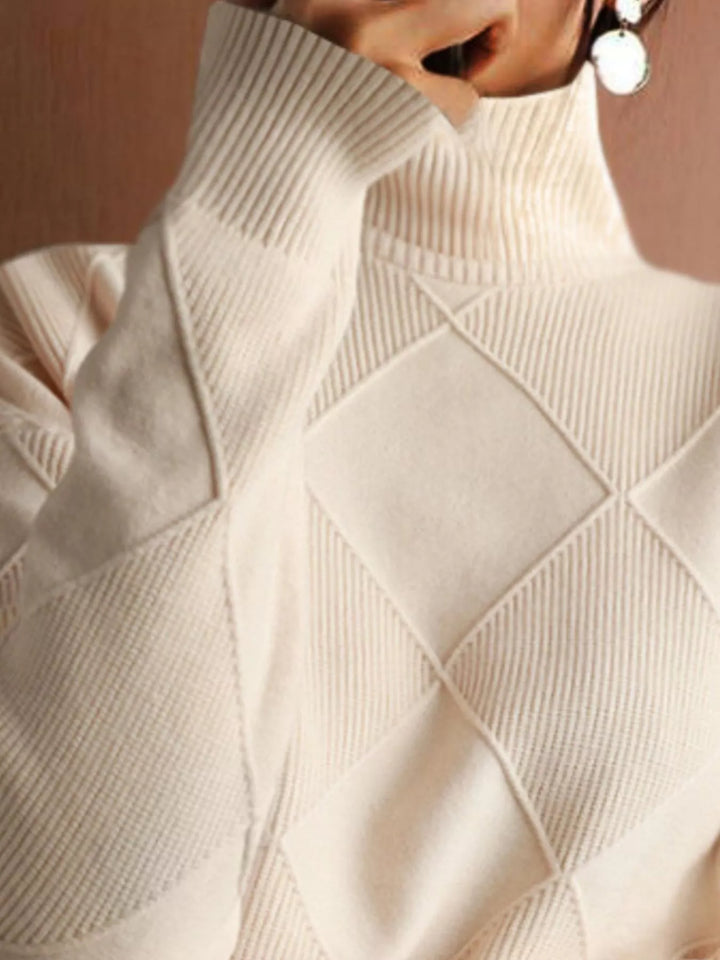Textured argyle knit turtleneck sweater with ribbed cuffs