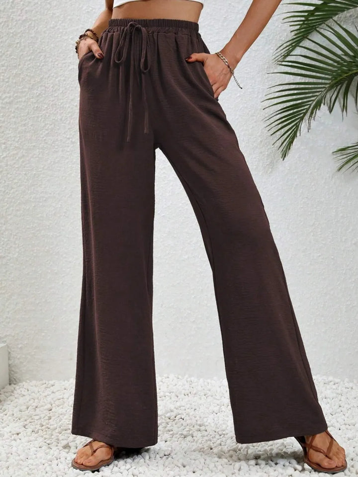 Dark Brown High-rise wide leg drawstring pants with pockets
