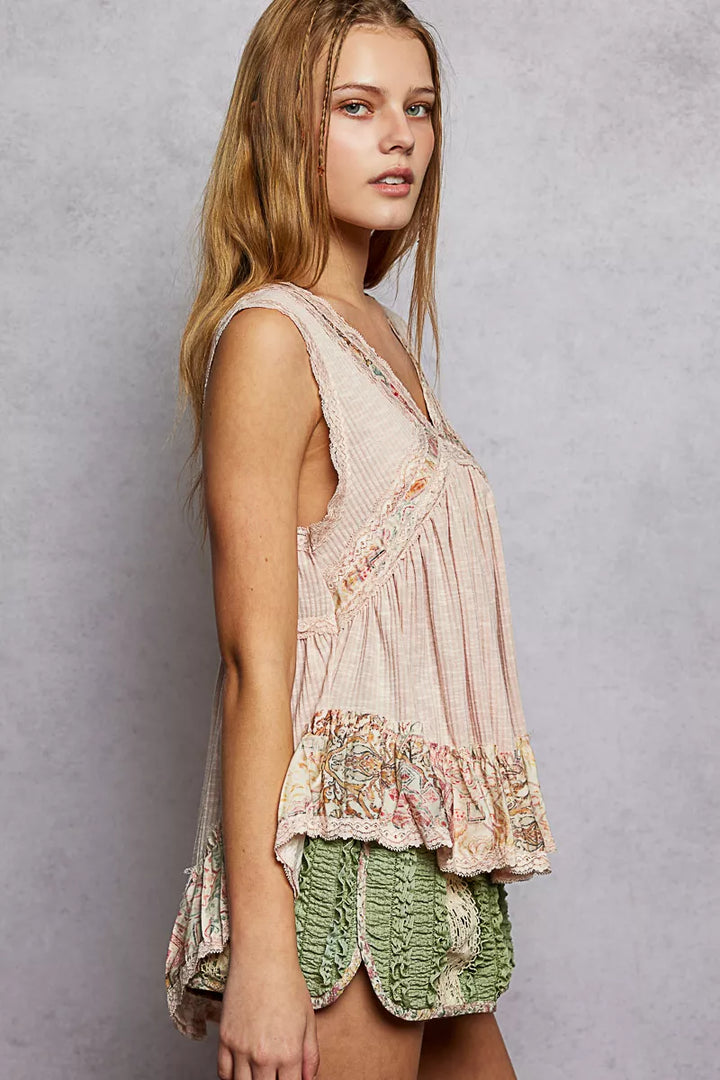 Lace-trim V-neck babydoll top with floral ruffle hem