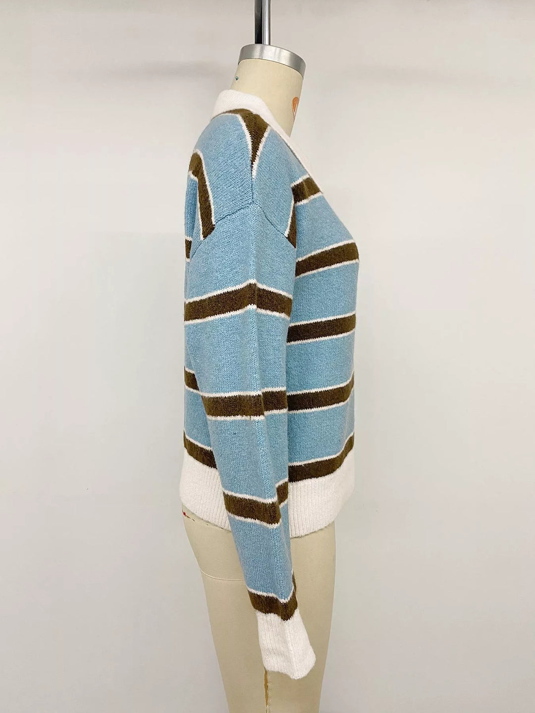 Striped knit polo collar sweater with button placket