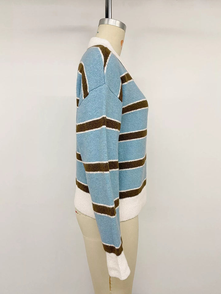 Striped knit polo collar sweater with button placket