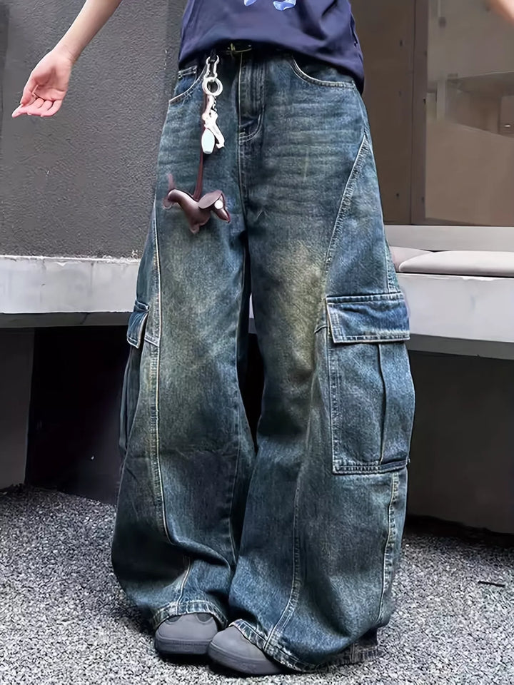 Distressed vintage wash wide leg cargo jeans