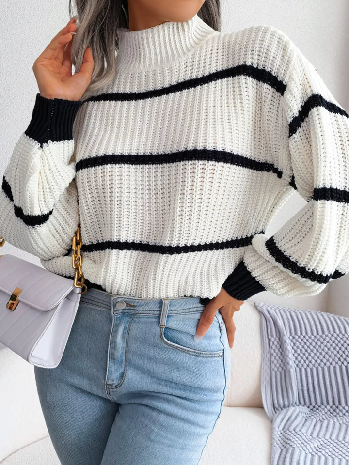 Striped mock neck chunky ribbed knit sweater