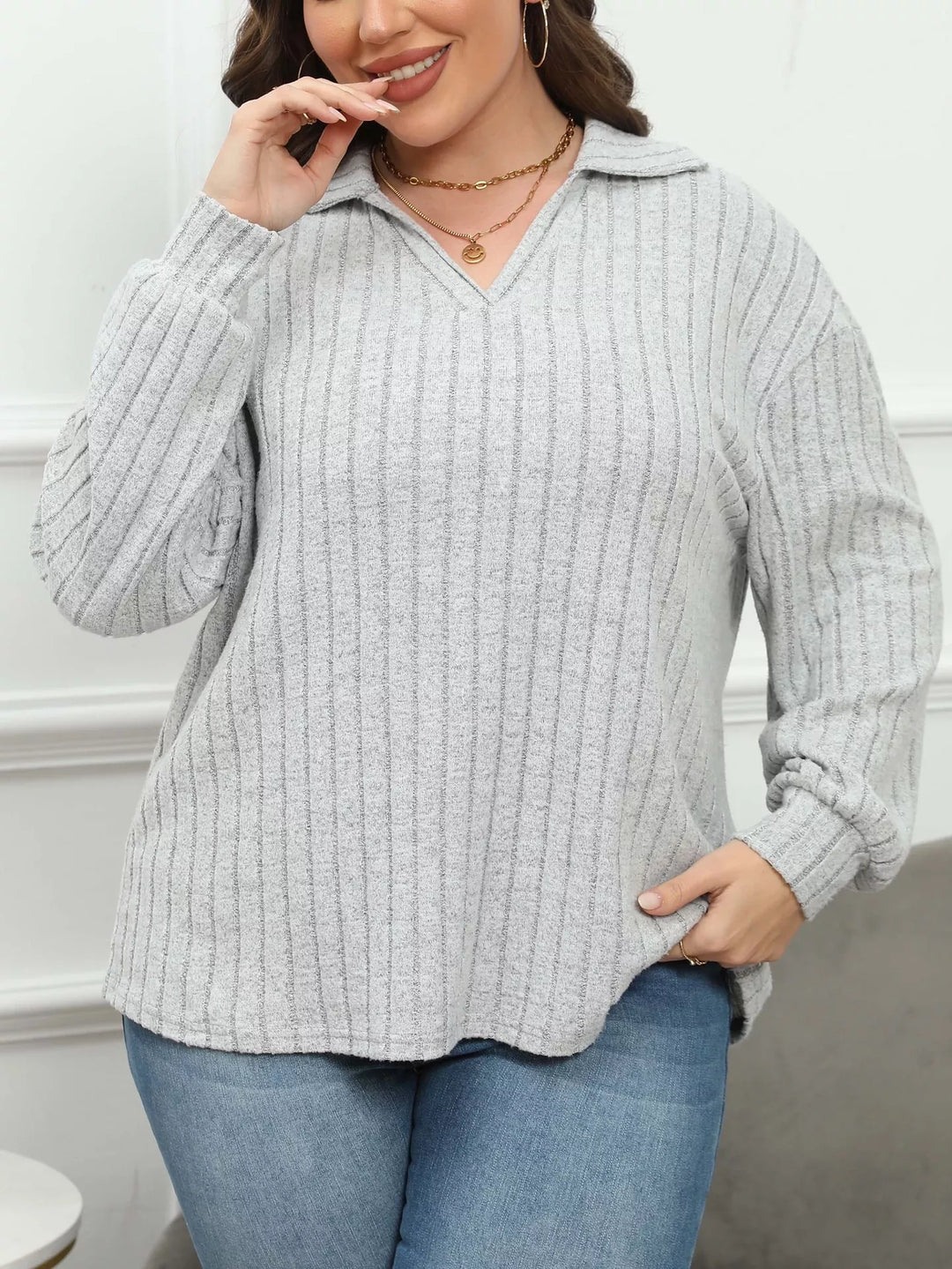 Plus size ribbed knit polo collar long-sleeve top