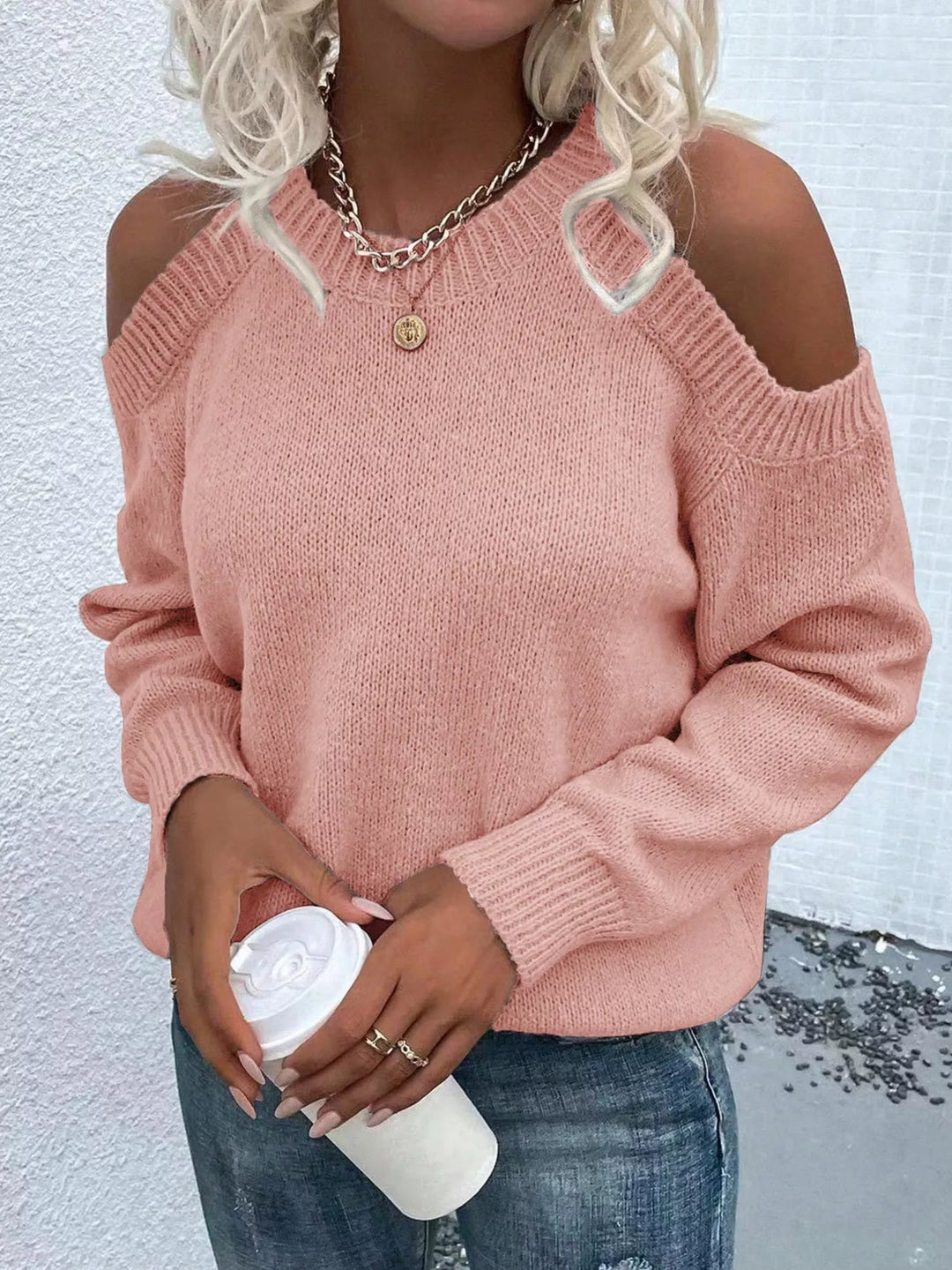 Cold shoulder ribbed knit crew neck sweater