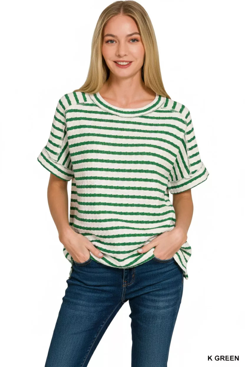 Textured stripe jacquard round-neck tee with rolled cuffs