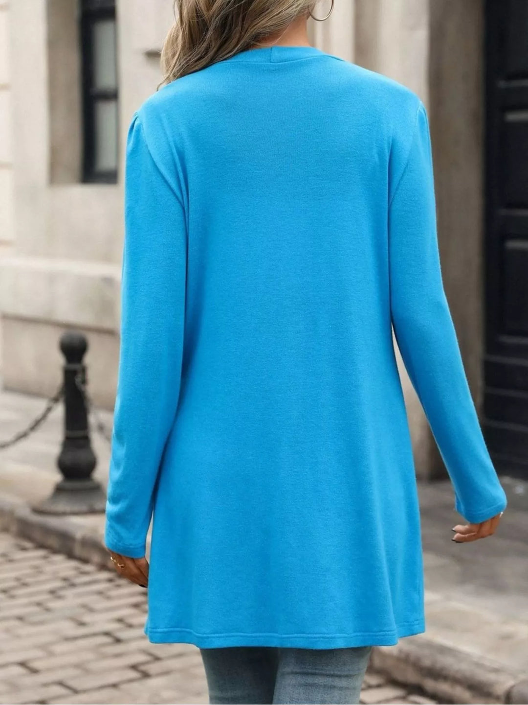 Longline V-neck button-front cardigan with patch pockets