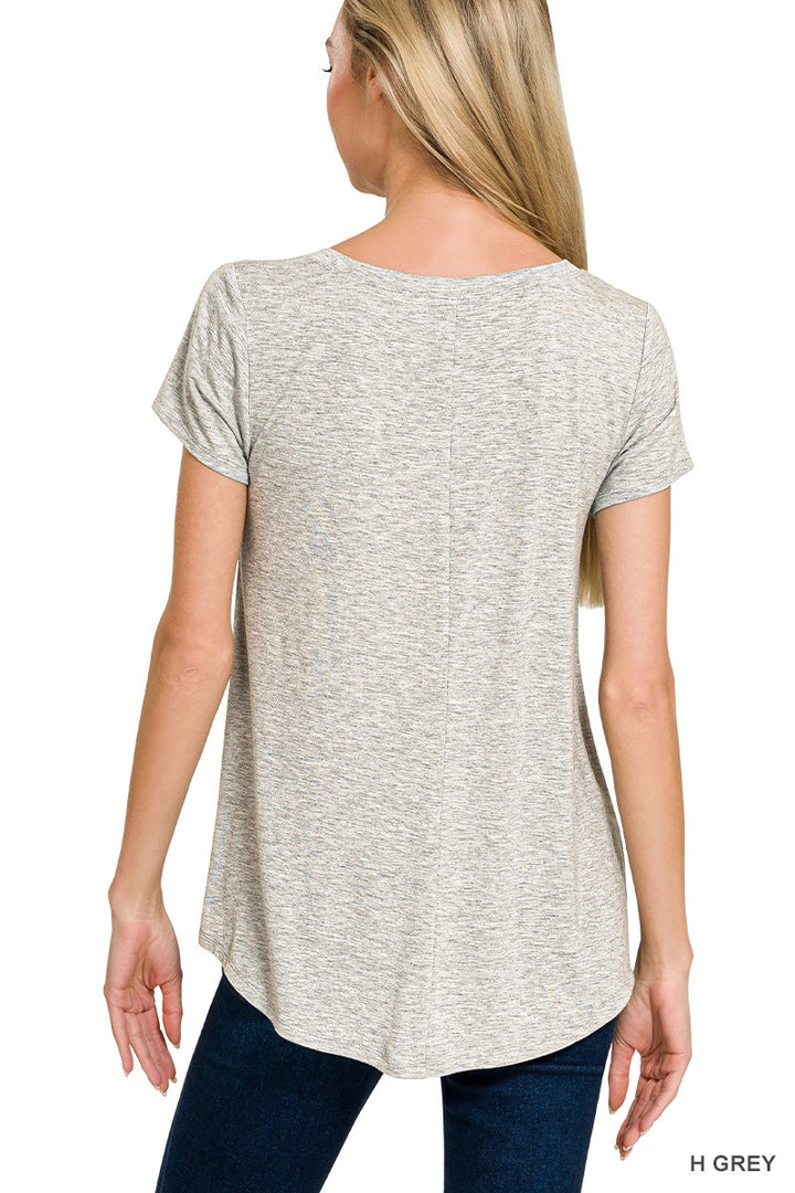 Rayon short sleeve V-neck tee with rounded hem