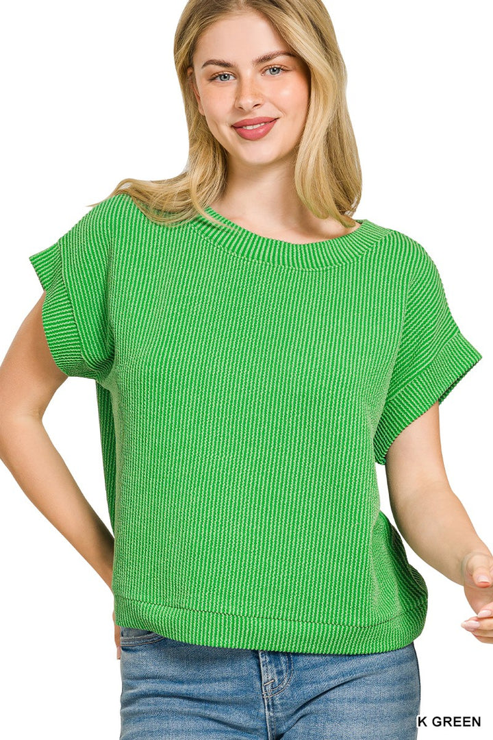 K GREEN Raised rib knit cap sleeve top with round neck
