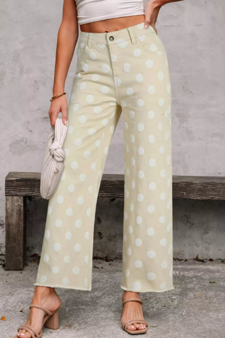 Ivory Polka dot high-rise wide-leg jeans with raw hem