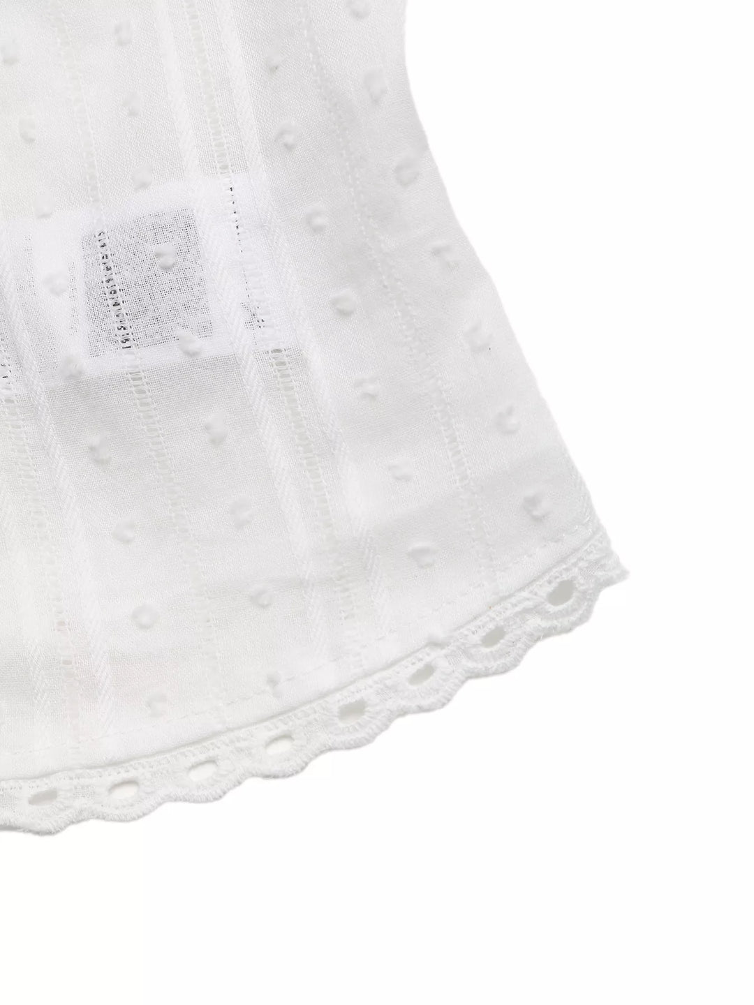 Swiss dot V-neck tie-front crop top with lace trim