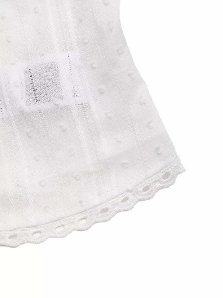 Swiss dot V-neck tie-front crop top with lace trim